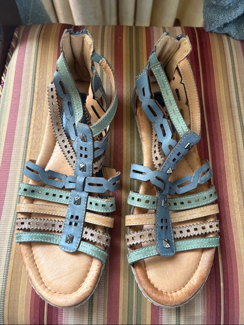 EARTH Artisan Blue Multi -Green, Taupe,Tan Strappy LEATHER Gladiator Sandals